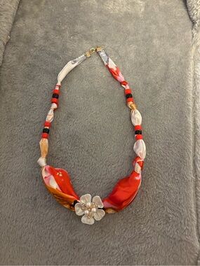 Floral Accent Red Silk-Style Scarf Necklace with Pearl Center